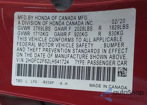 2020 Honda Civic Lx из США, поврежденный, VIN 2HGFC2F62LH541724